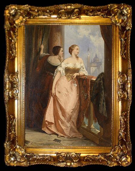 framed  Edouard Hamman Zwei Damen am Balkon, im Hintergrund San Giorgio Maggiore, Venedig, ta009-2